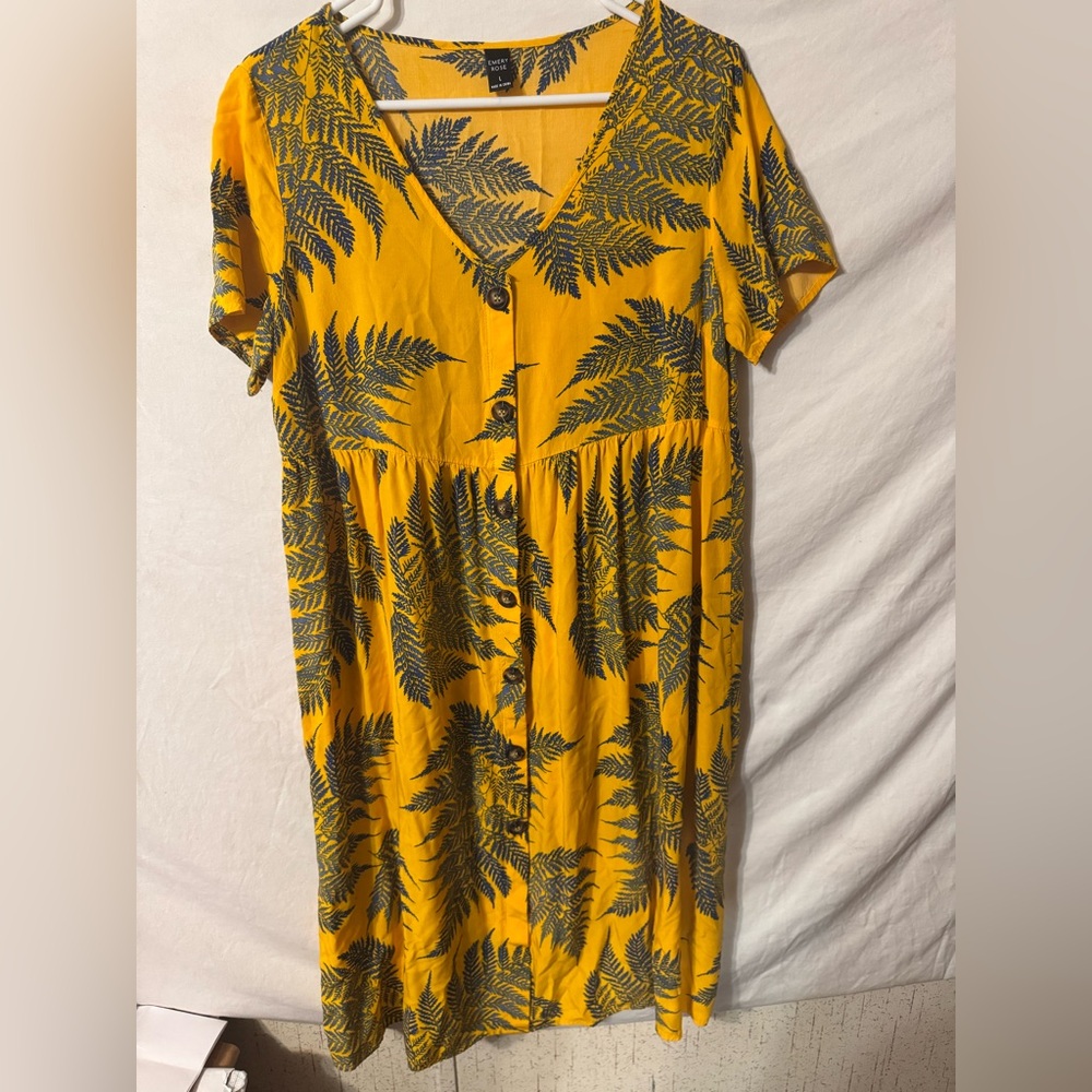 Yellow Dress with Black Leaf Print
